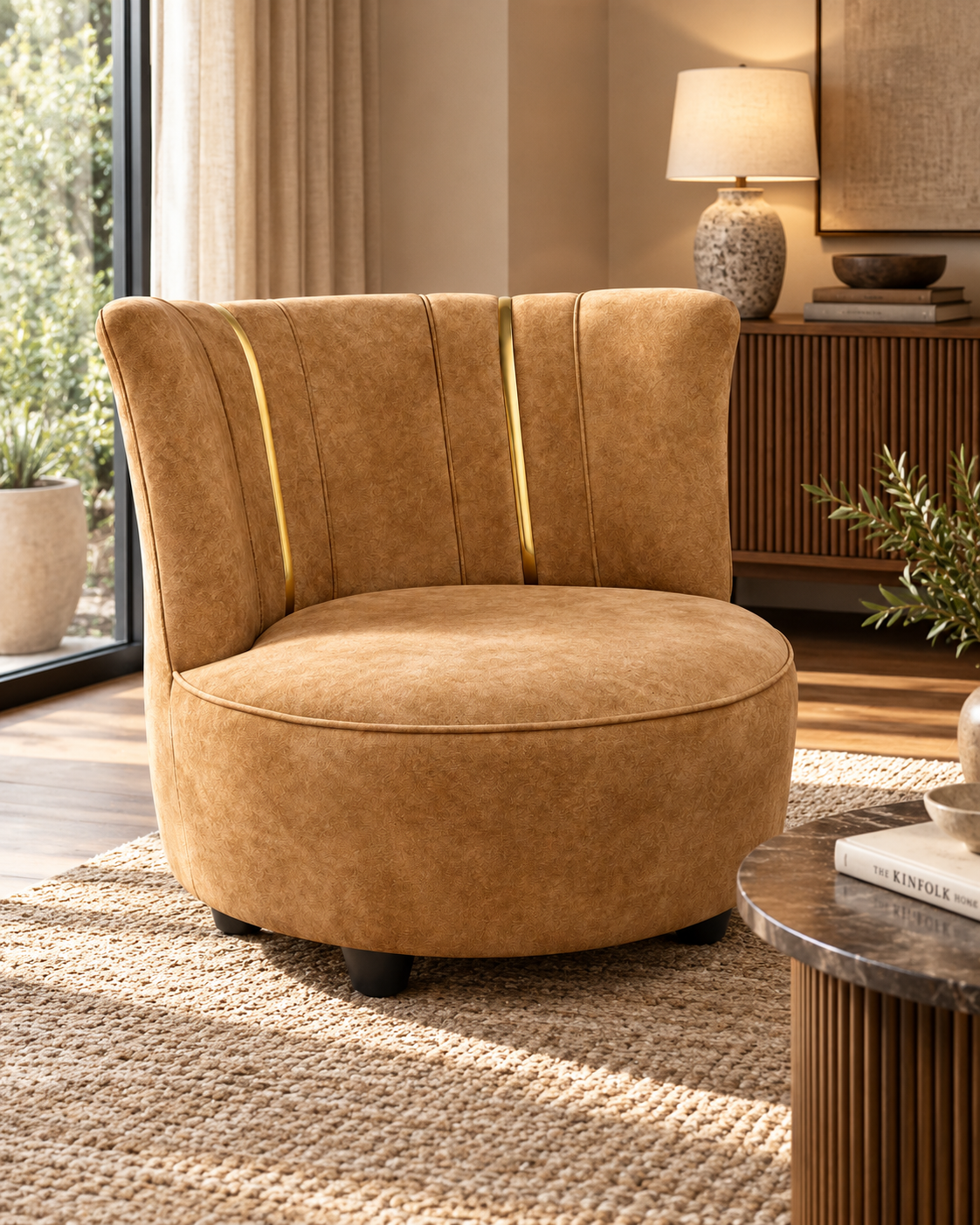 Round caramel upholstered accent chair handcrafted in Kenya, with channelled back, gold-toned strips and dark feet on a jute rug