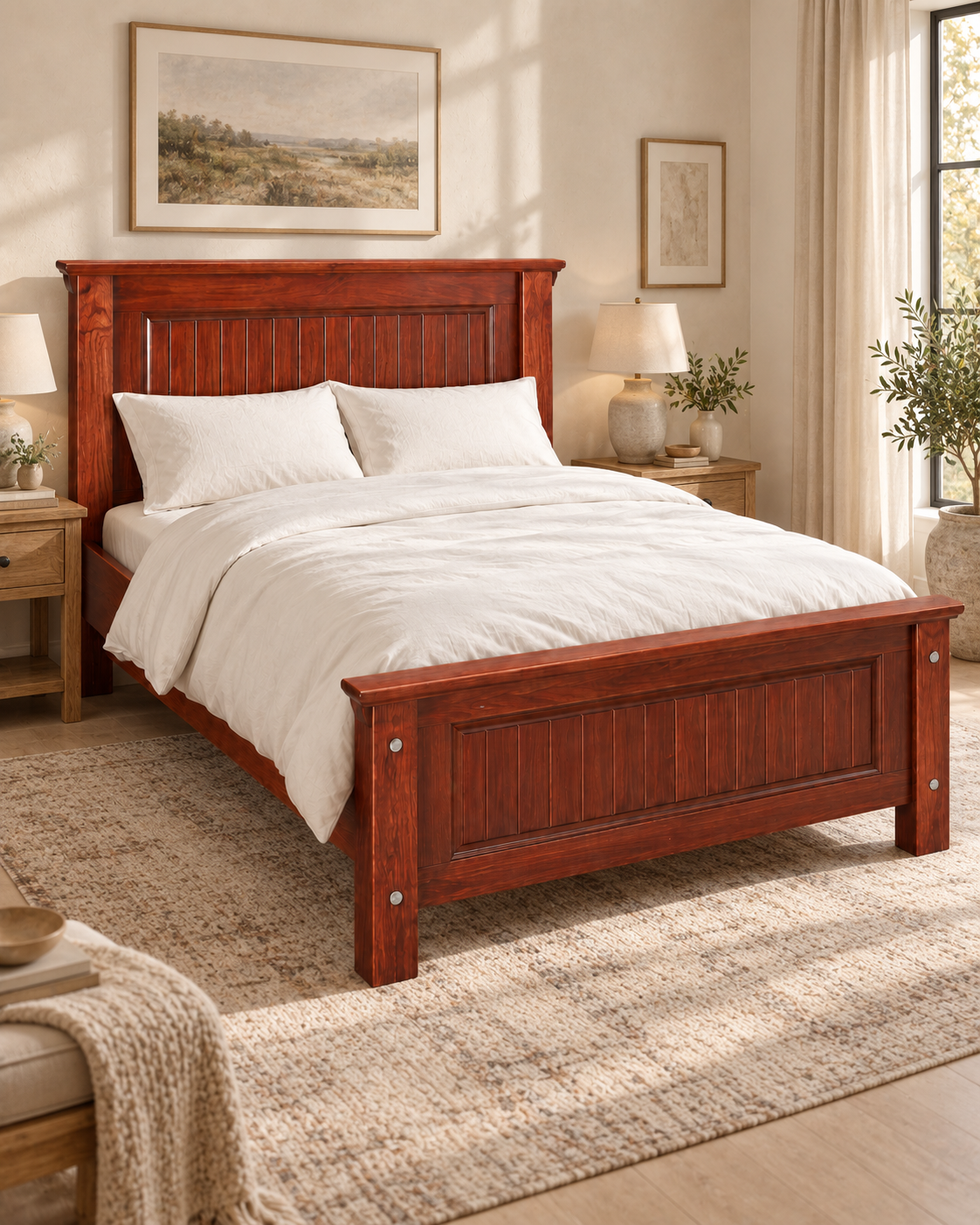 Red-toned wooden bed handcrafted in Kenya, with panelled headboard and footboard, dressed in cream bedding on a woven rug