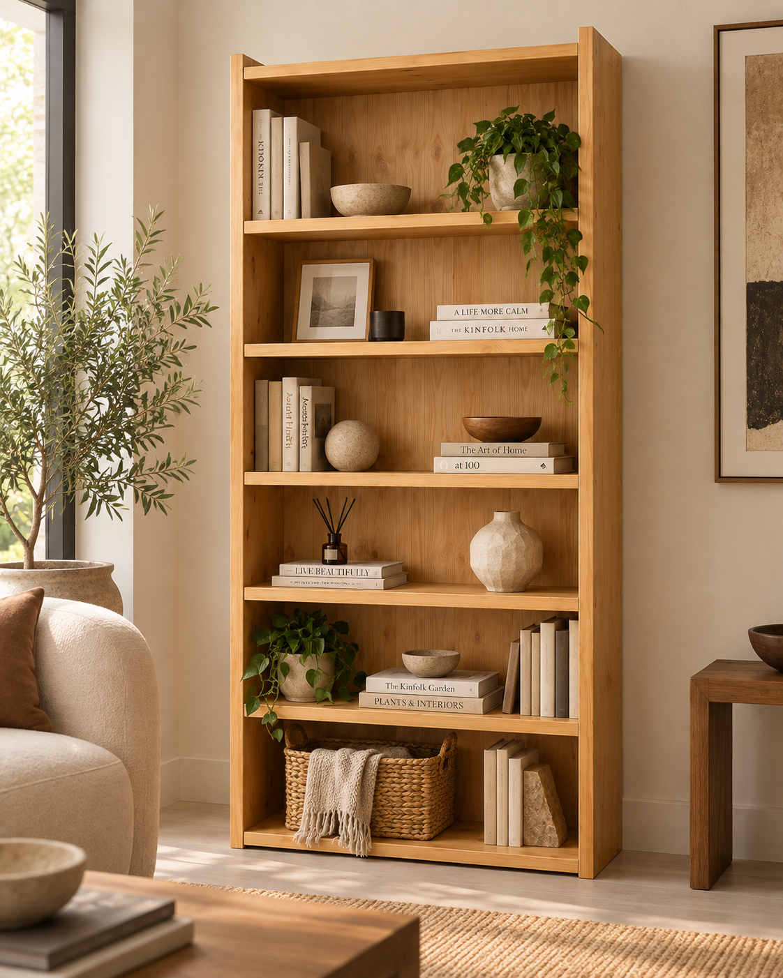 Tall honey-toned cypress shelf handcrafted in Kenya, six open bays holding books, ceramic bowls and trailing plants