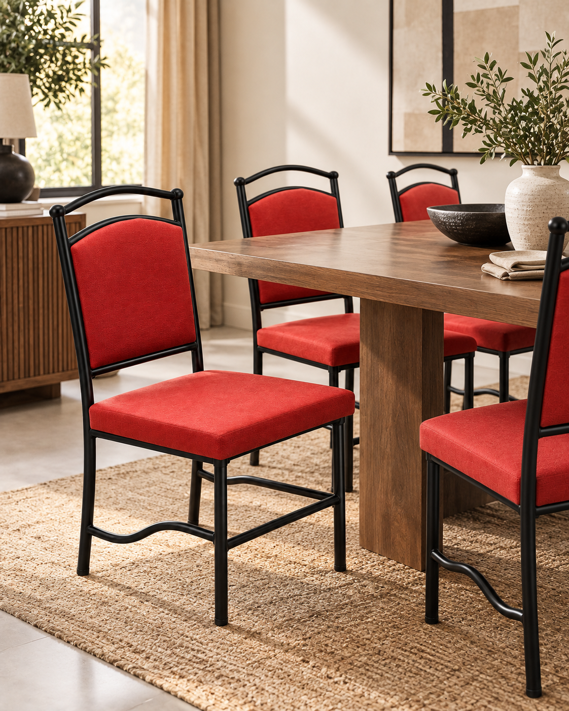 Black metal dining chair from Kenya with red upholstered seat and arched back, tucked under a wooden table on a jute rug
