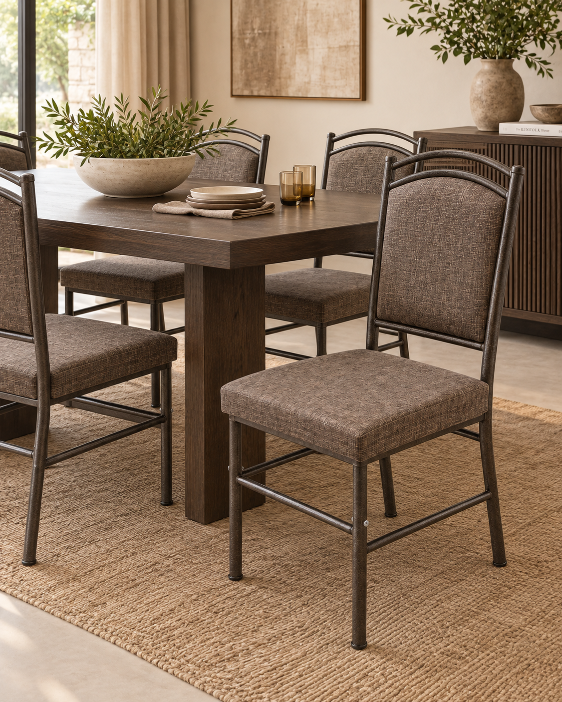 Dark metal dining chair handcrafted in Kenya, with arched back and brown woven upholstered seat, beside a timber table