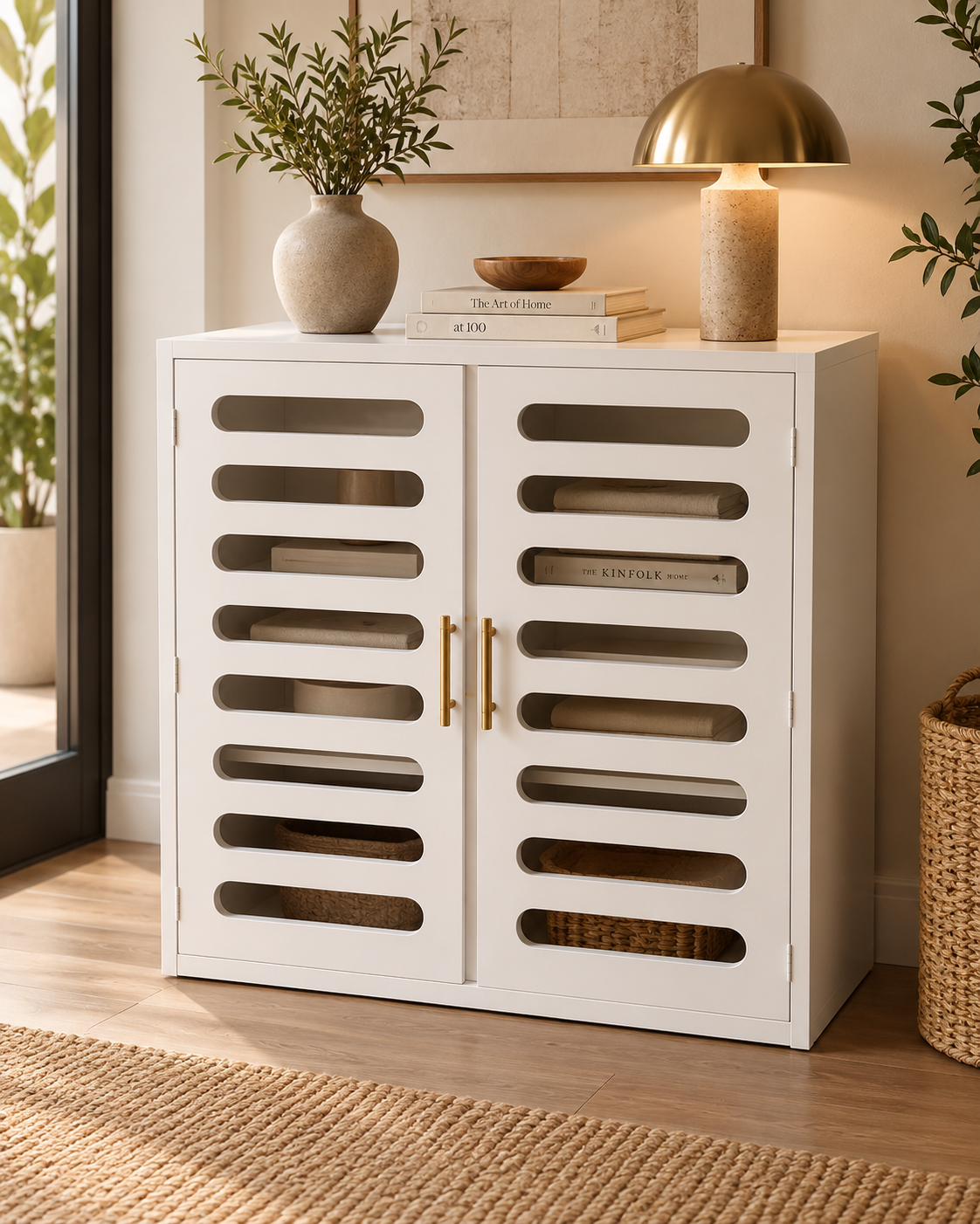 White two-door storage cabinet from Kenya with louvred slot fronts and brass handles, styled with a lamp and vase