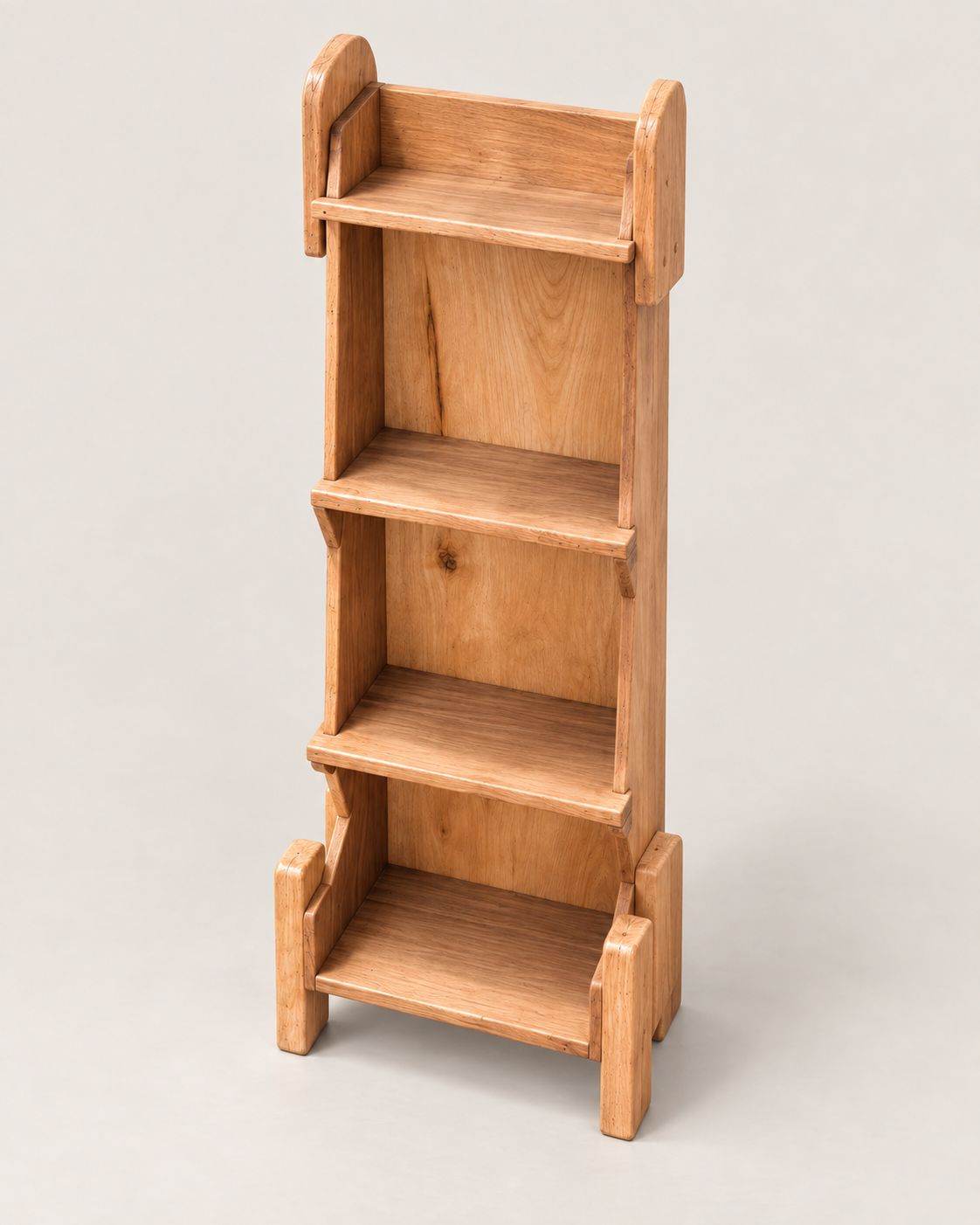 Tall narrow four-tier wooden shelf handcrafted in Kenya, pale timber with rounded side panels and flared feet
