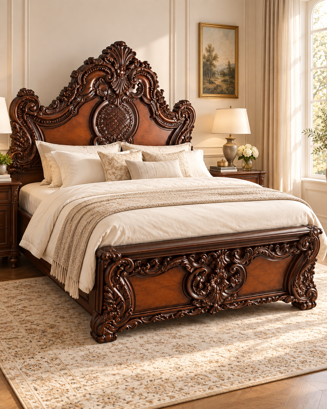 Hand-carved mahogany bed from Kenya with a crowned scrollwork headboard, matching footboard and cream linen bedding
