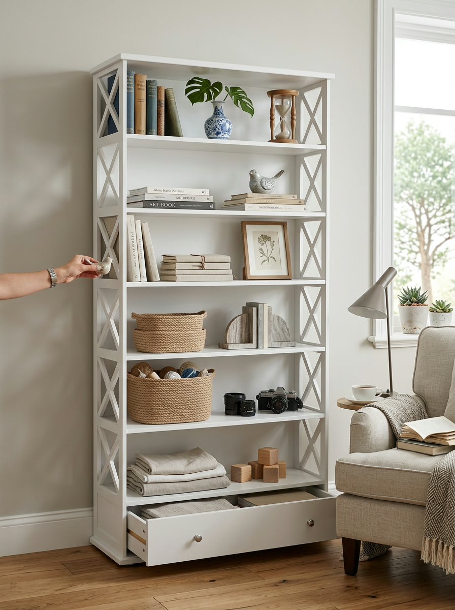 Tall white shelving unit handcrafted in Kenya, six open tiers with books and woven baskets, X-braced sides and open base drawer
