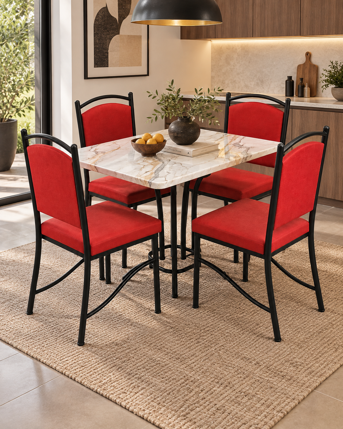 Kenyan dining set with a square veined marble top, black metal base and four red upholstered chairs on a jute rug
