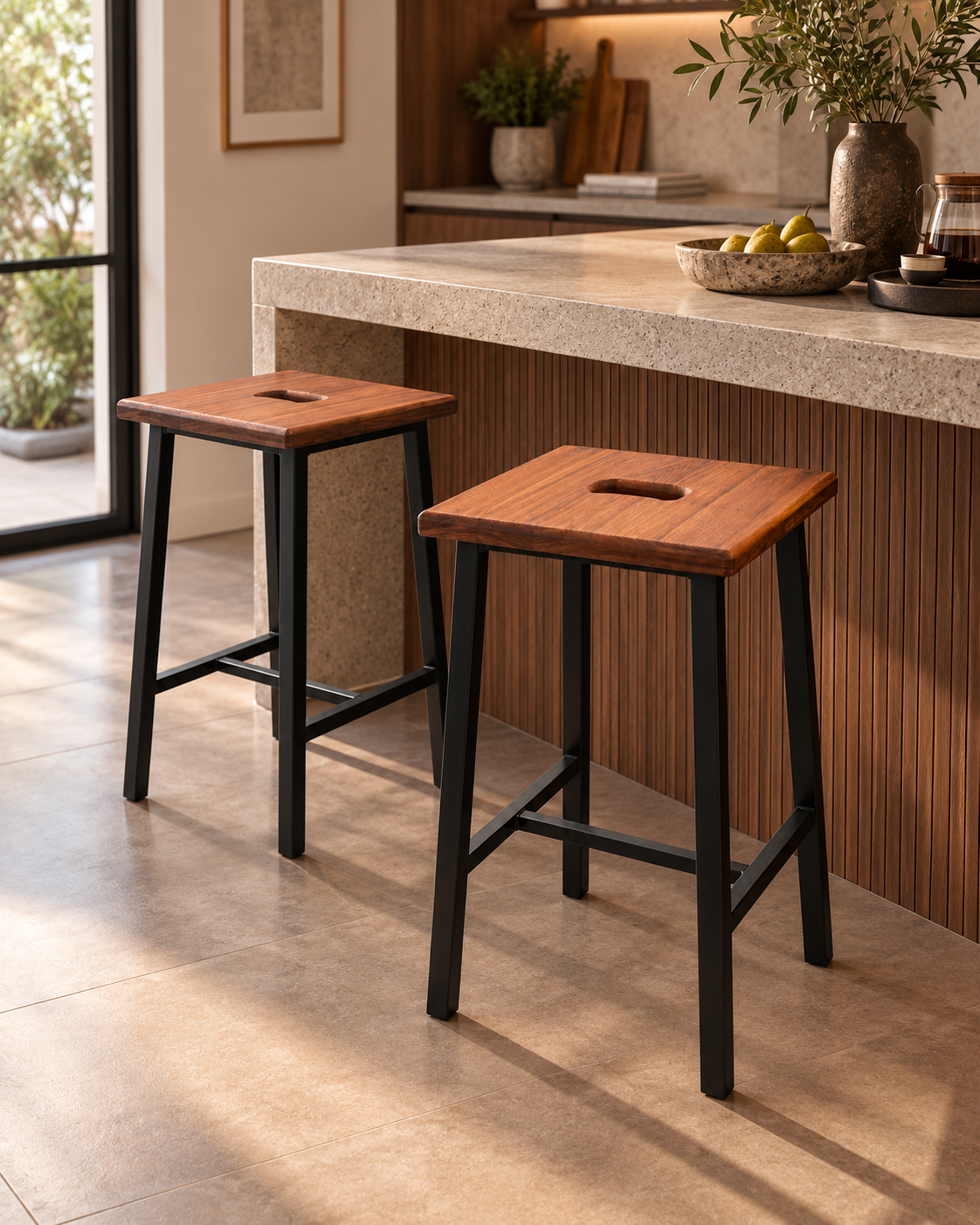 Two Kenyan counter stools with warm cypress seats, carved hand-holds and black metal legs beside a stone kitchen island