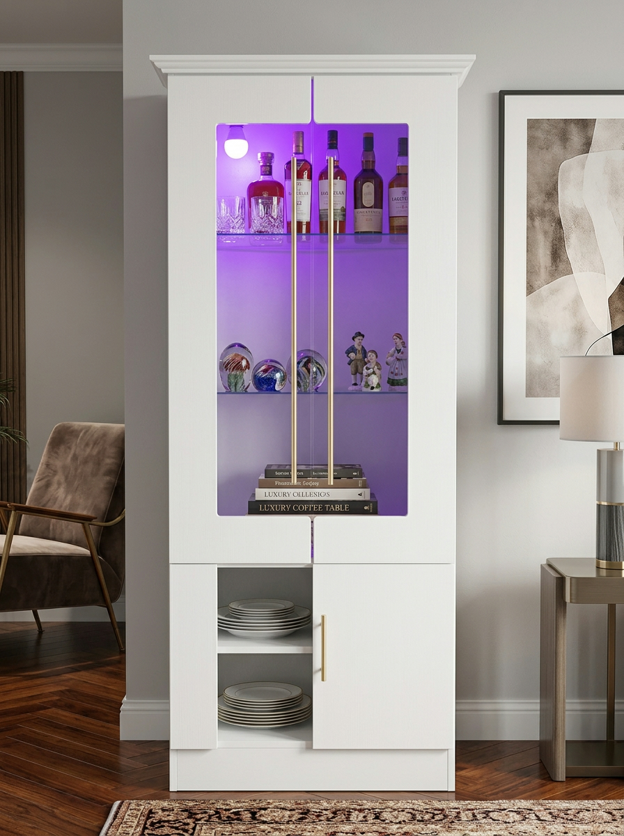 Tall white display cabinet handcrafted in Kenya, with lit glass doors holding bottles and glassware above open plate shelves