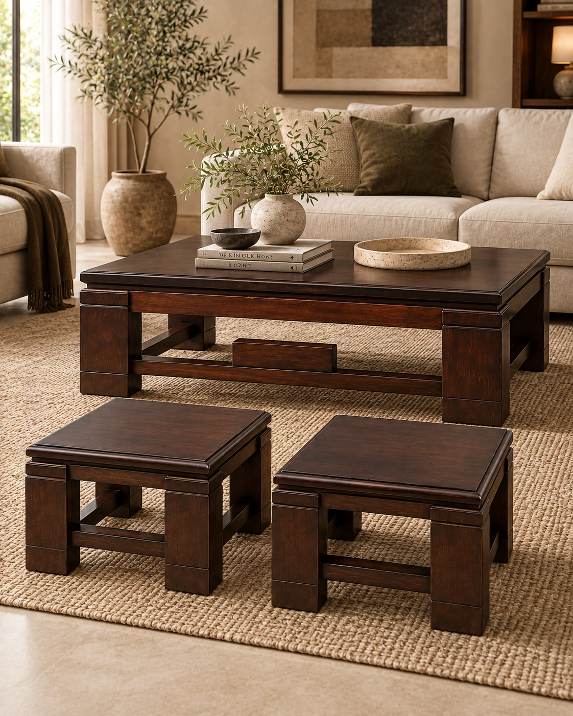 Dark reddish-brown coffee table with squared legs and two matching stools, handcrafted in Kenya, on a woven rug in a neutral living room