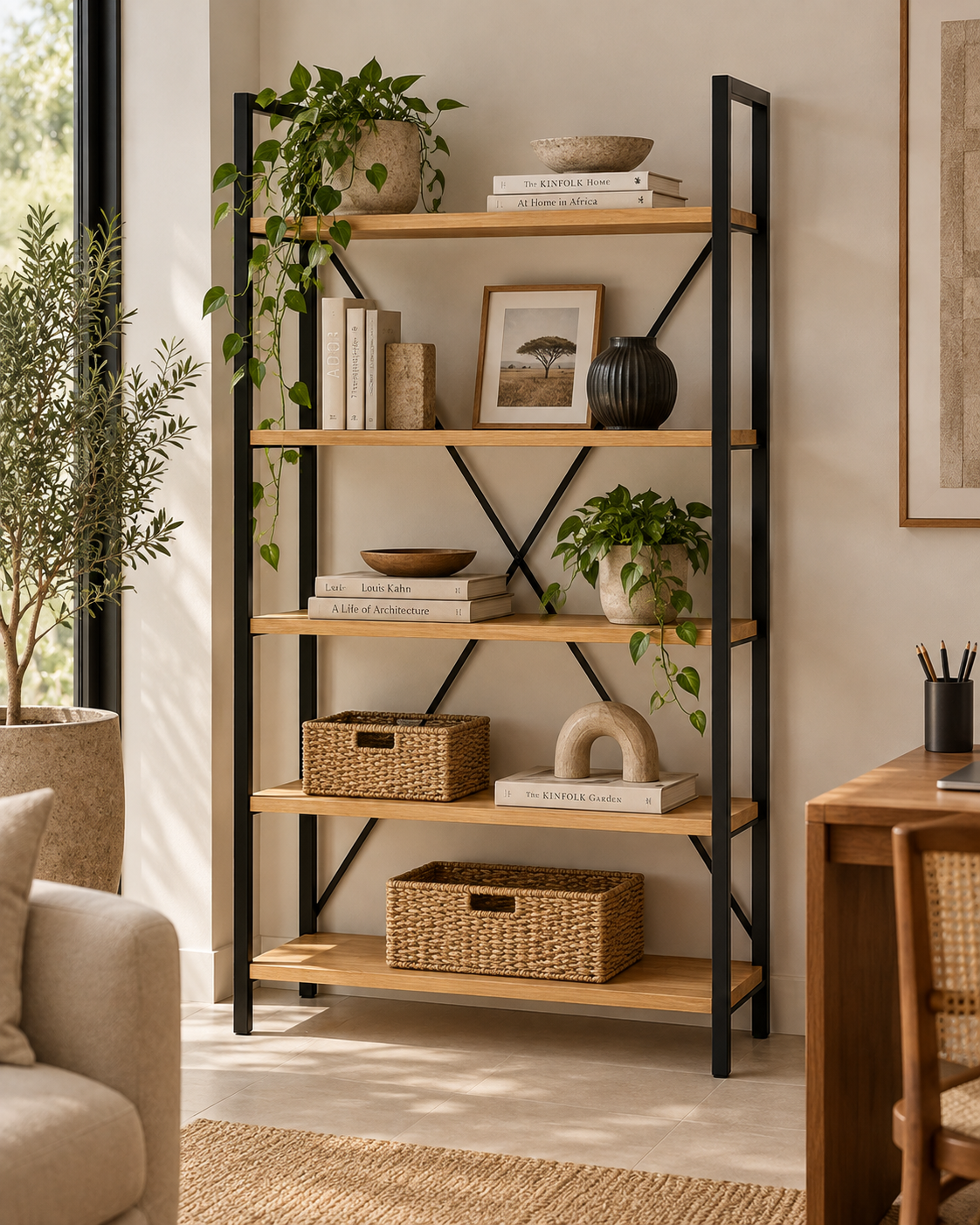 Five-tier open shelf handcrafted in Kenya, with pale cyprus boards, slim black metal frame, woven baskets and trailing plants