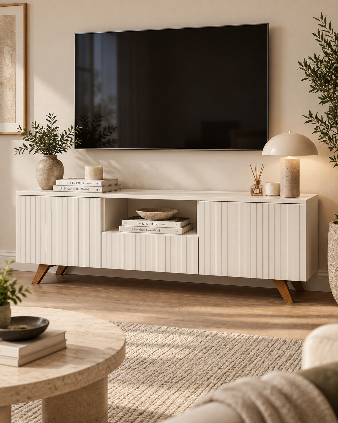 Low off-white fluted sideboard from Kenya on splayed wooden legs, with two doors, a drawer and open central niche
