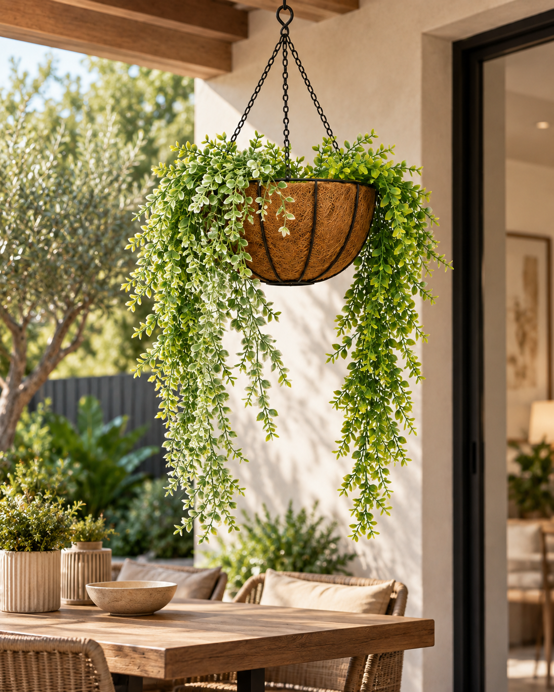 Coconut fibre hanging planter from Kenya on dark chains, trailing green foliage over a sunlit patio wall