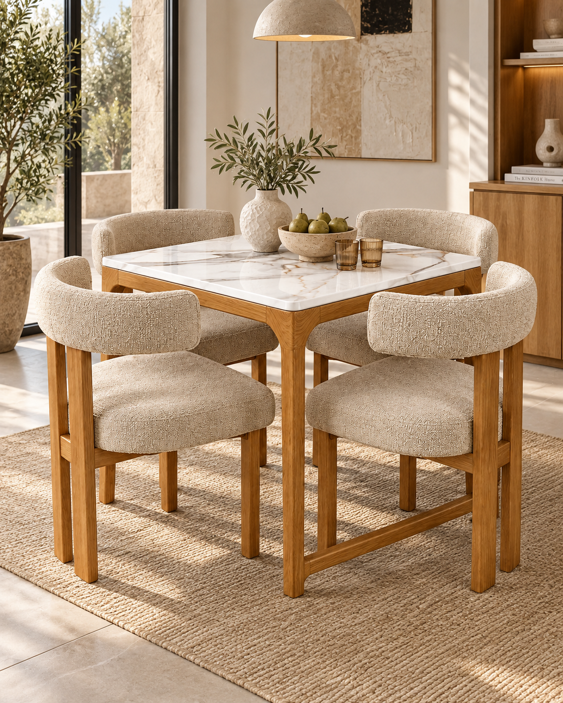 Square marble-top dining table handcrafted in Kenya, with pale veined stone, slim light-toned legs and four boucle tub chairs