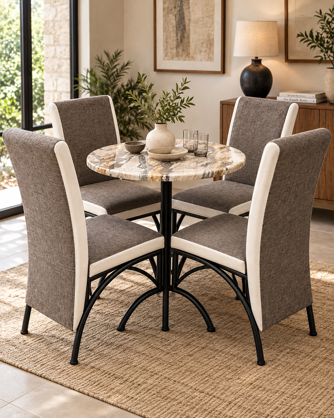 Four tall brown and cream upholstered chairs on black metal legs around a round stone-look table, a Kenyan seating set on a jute rug