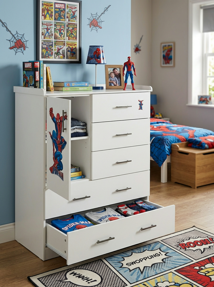 White board storage unit handcrafted in Kenya, with four bar-handle drawers, open shelved cupboard and full-width base drawer in a child's bedroom