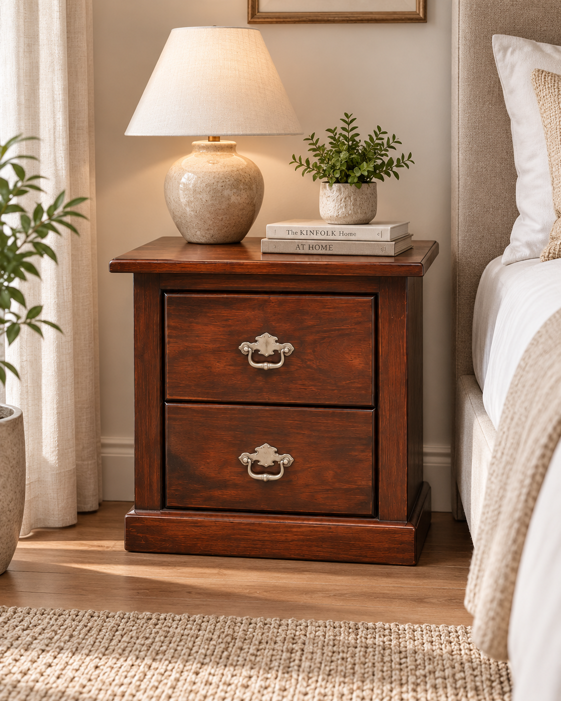 Dark mahogany two-drawer bedside chest handcrafted in Kenya, with pale drop handles, beside a bed and ceramic lamp