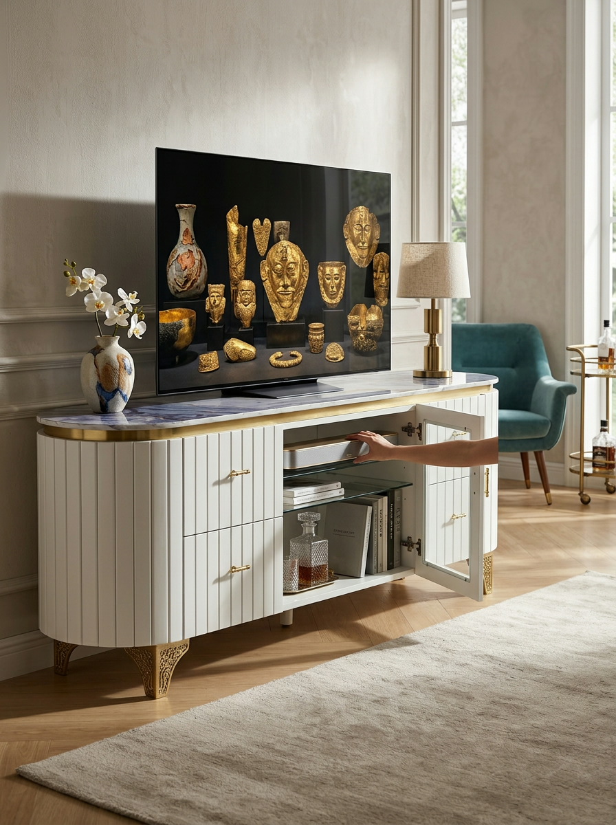 Long white fluted sideboard handcrafted in Kenya, with curved ends, brass-tone legs, glazed door and pale stone-look top in a living room