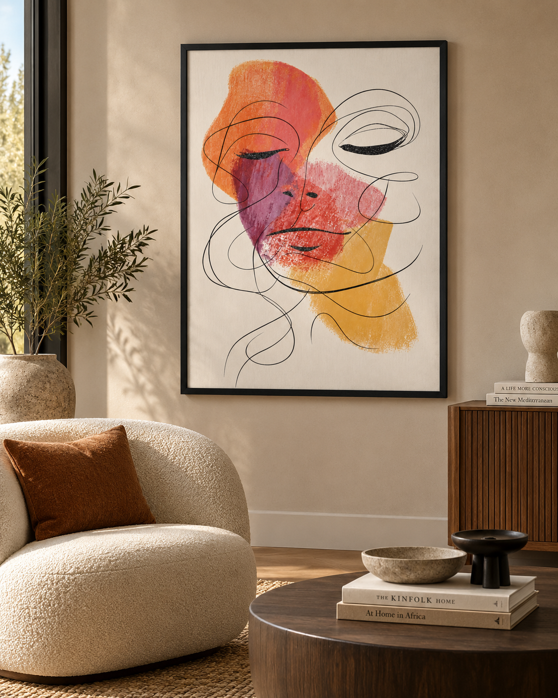 Framed wall art from Kenya showing an abstract face in coral, magenta and yellow with black line work, hung above a boucle armchair