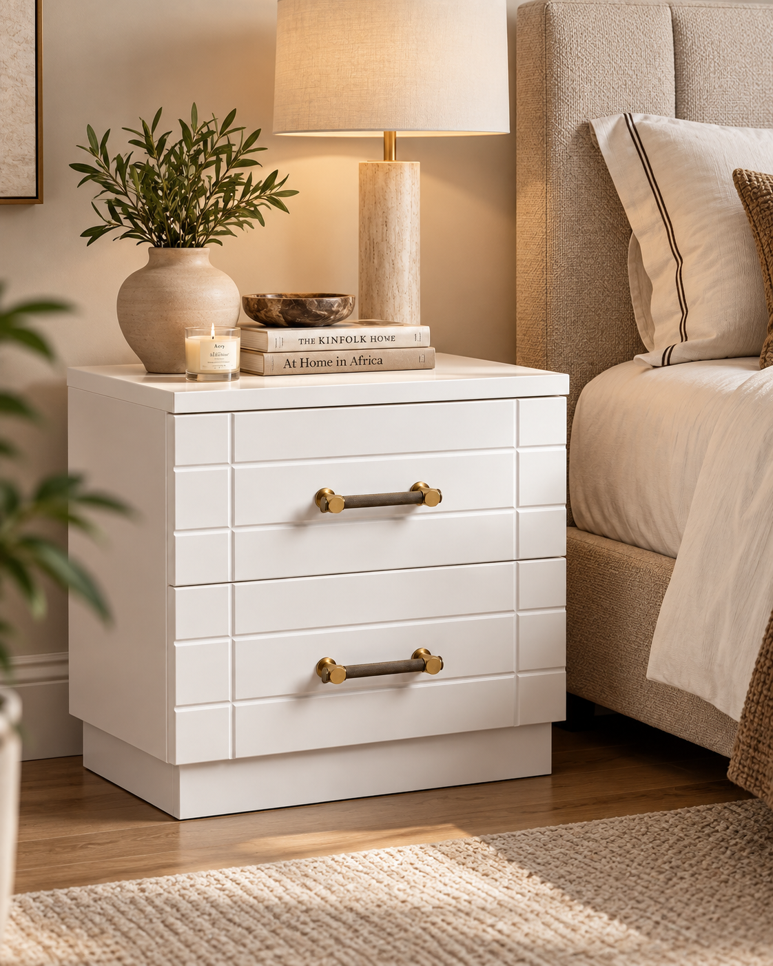 White two-drawer bedside chest handcrafted in Kenya, with grooved drawer fronts and brass-toned bar pulls, beside a linen bed
