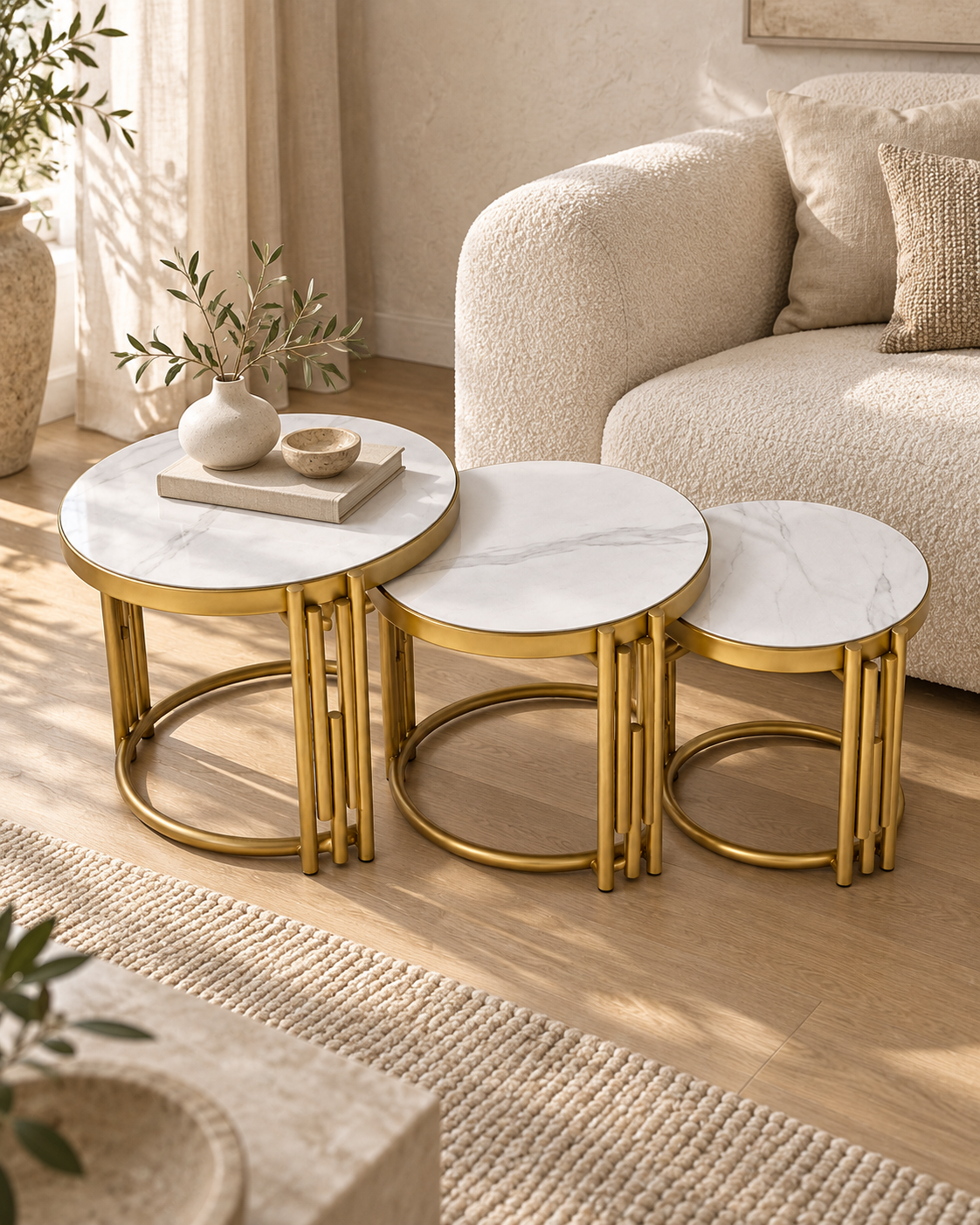 Set of three round nesting tables from Kenya with pale veined marble tops and gold-toned rod legs in a sunlit living room