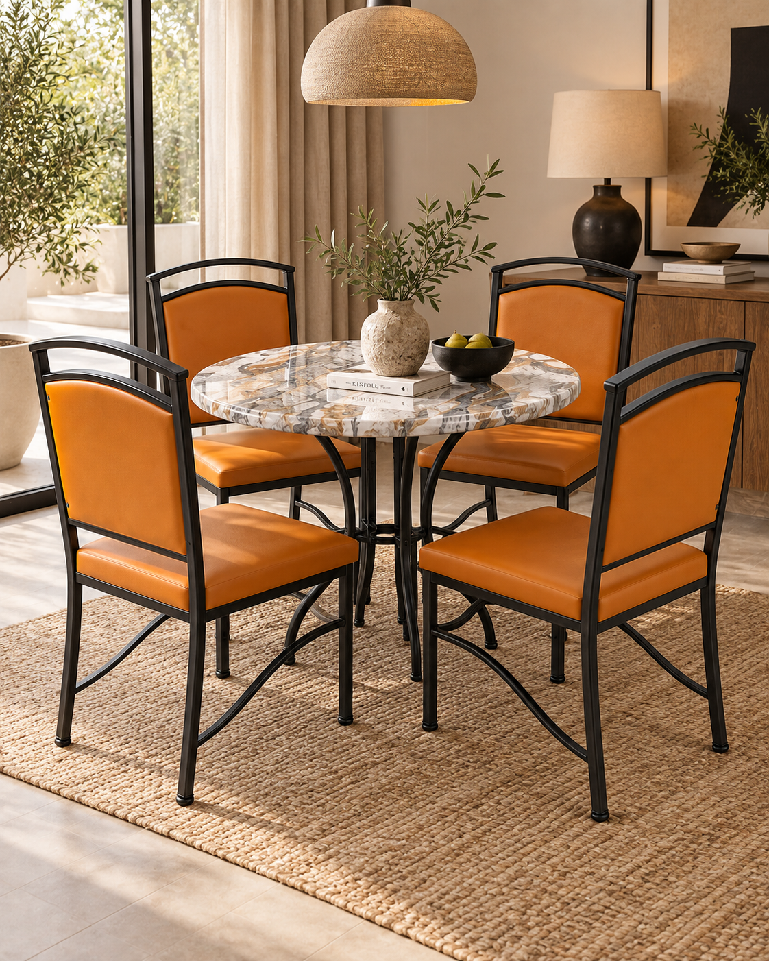 Outdoor seating set from Kenya with a round marble mosaic table and four black metal chairs in amber upholstery on jute matting