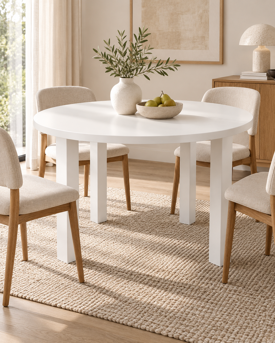 Round white cyprus wood dining table handcrafted in Kenya, with four square tapered legs, on a woven rug with cream chairs
