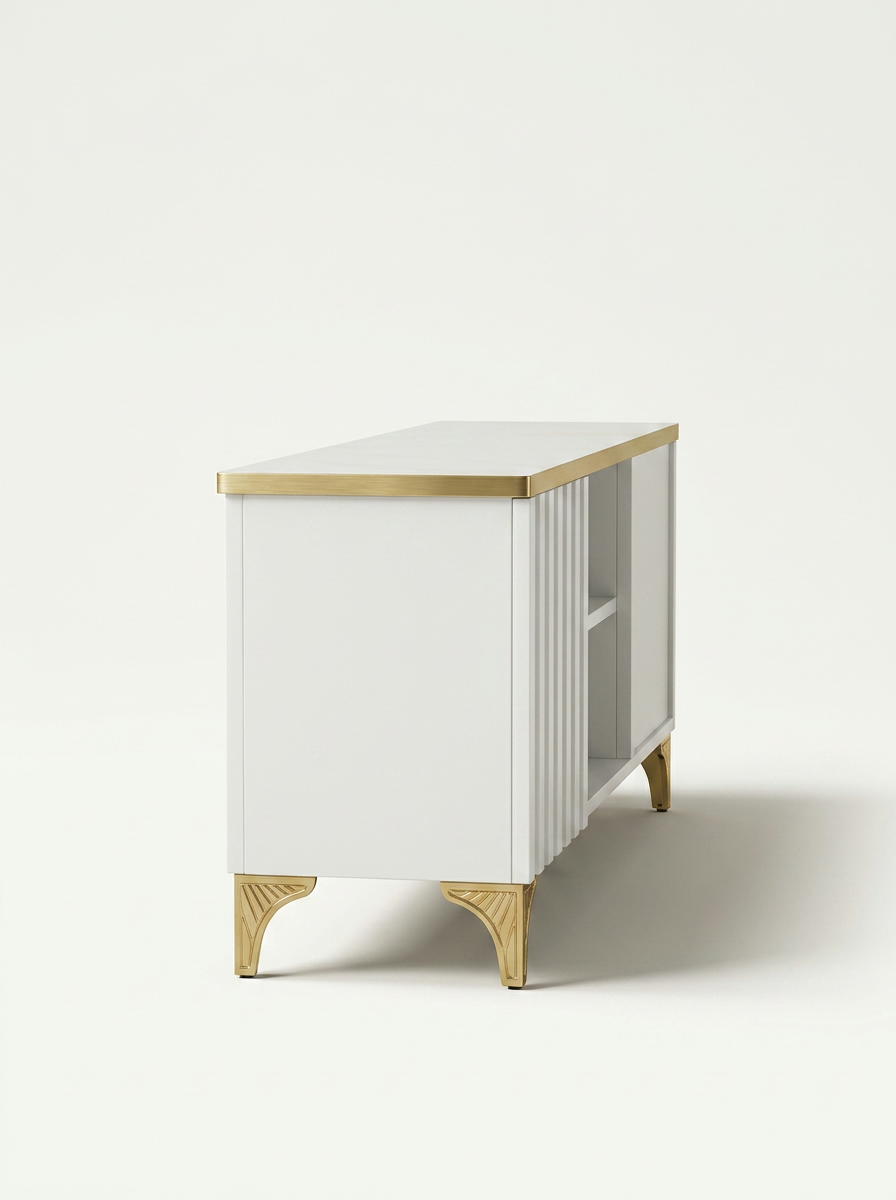 White chevron-grooved sideboard from Kenya on slim gold legs, open centre bay and drawer, against a green wall