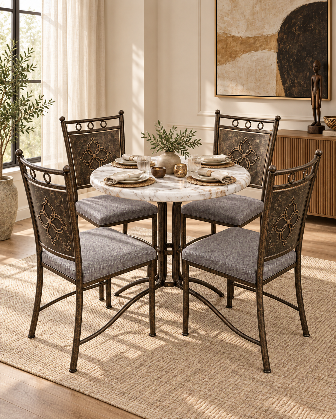 Round marble-top dining set from Kenya with four bronze-toned metal chairs, scrolled back panels and grey seat pads