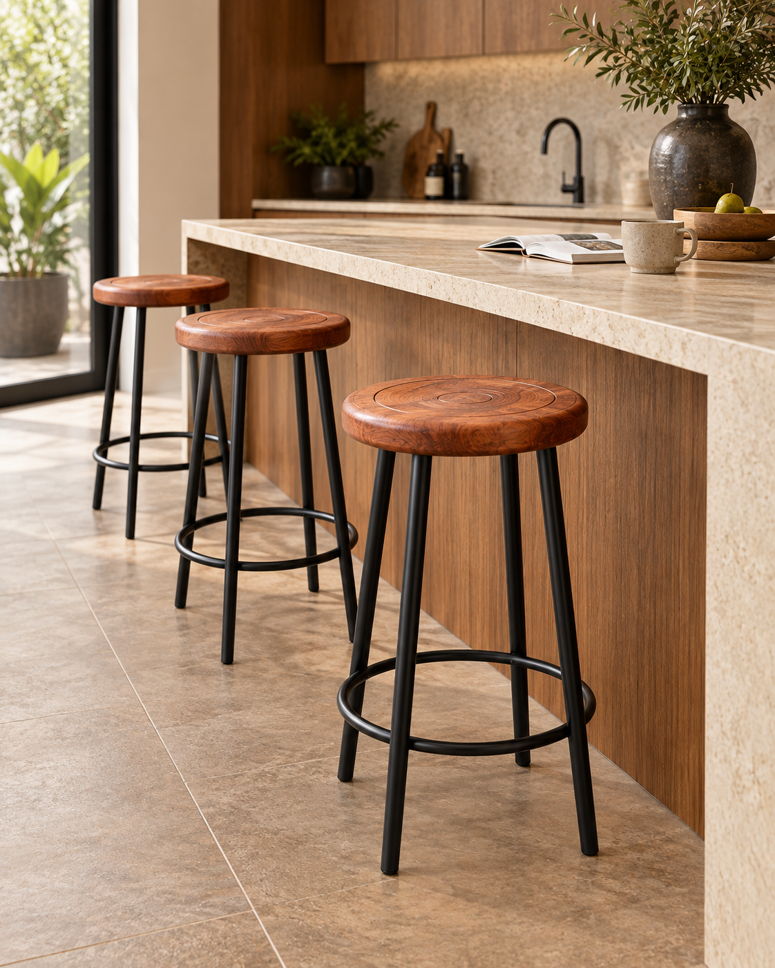 Three Kenyan bar stools with round cypress seats and black metal legs lined up at a pale stone kitchen island