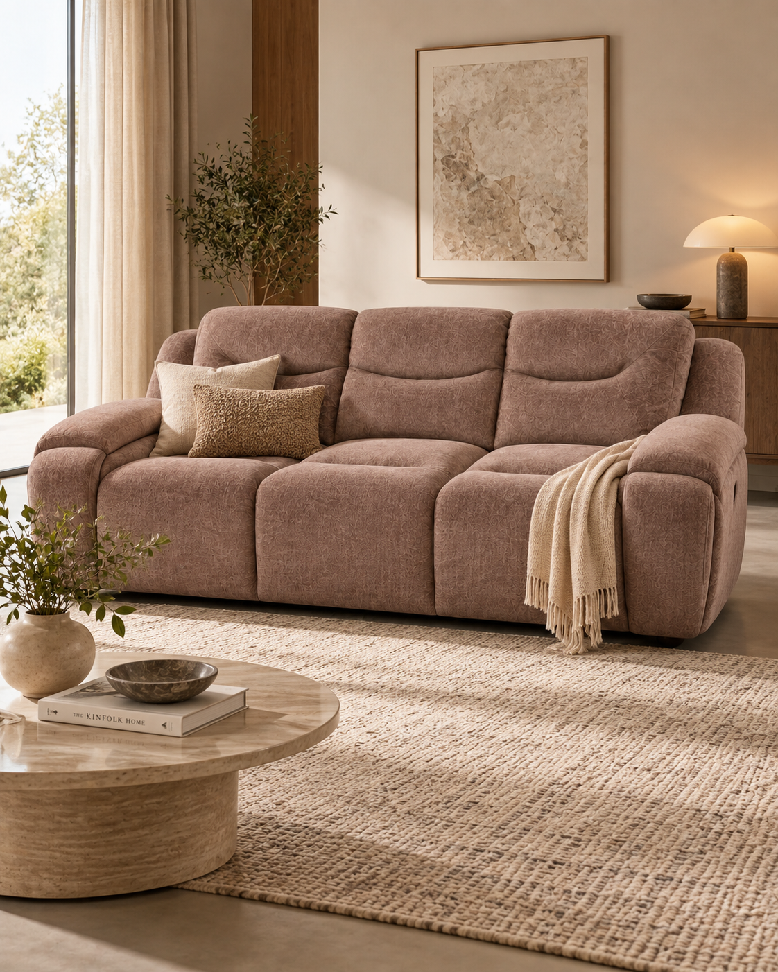 Dusty-rose upholstered five seater sofa handcrafted in Kenya, with rolled arms and cushions, on a jute rug by a window