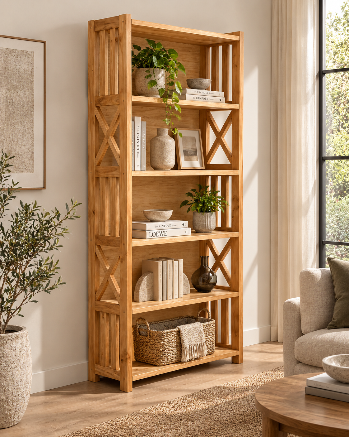 Tall honey-toned cypress shelf handcrafted in Kenya, five tiers with X-braced slatted sides, styled with books and plants