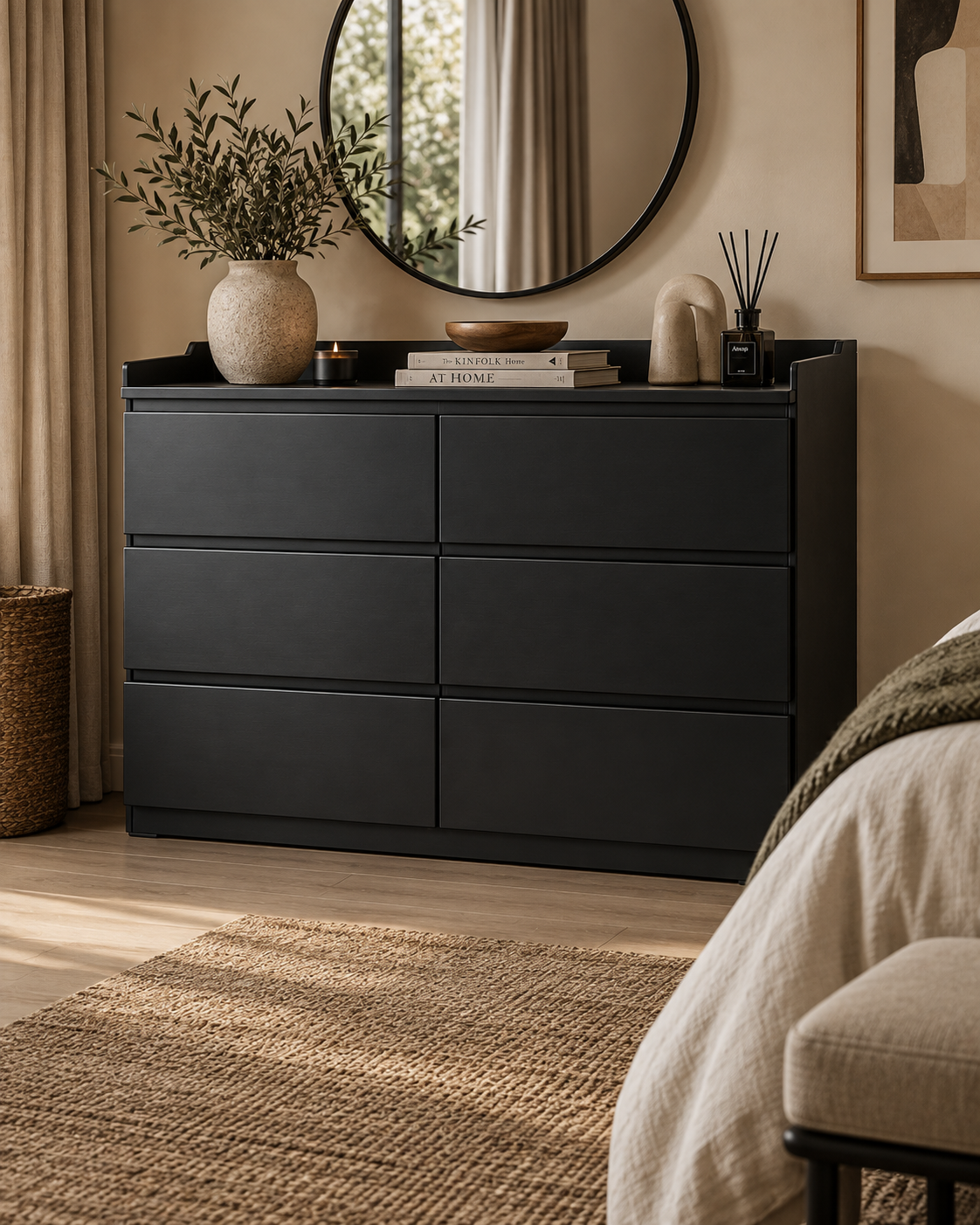 Matte black six-drawer chest of drawers handcrafted in Kenya, styled with a vase and books beneath a round mirror
