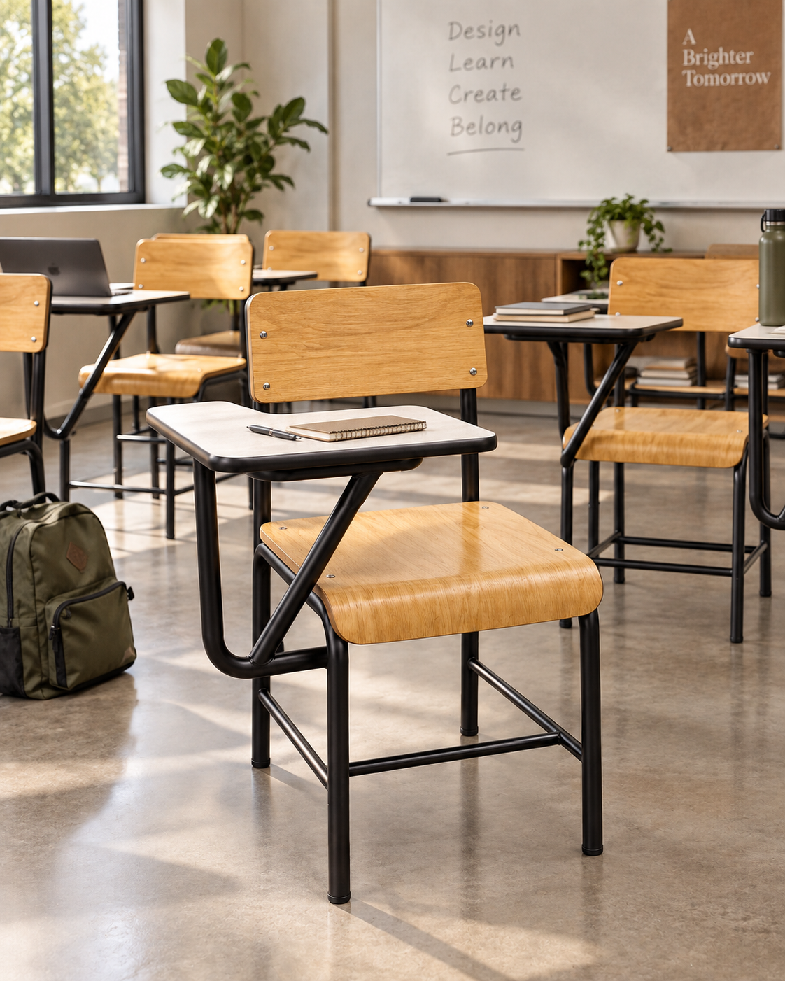 Kenyan study chair with black tubular metal frame, golden cyprus seat and backrest, and a pale writing tablet holding a notebook
