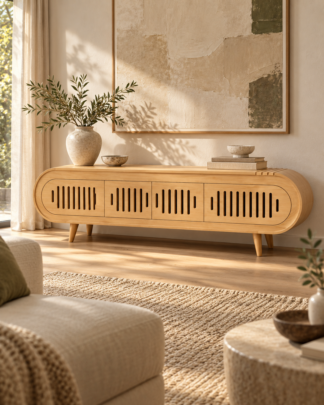 Pale wooden media console handcrafted in Kenya, with rounded ends, four slatted doors and tapered legs in a sunlit living room