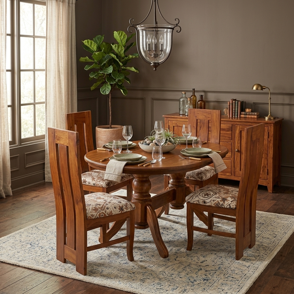 Round wooden dining table handcrafted in Kenya, with turned pedestal base and curved feet, set with plates and four matching chairs