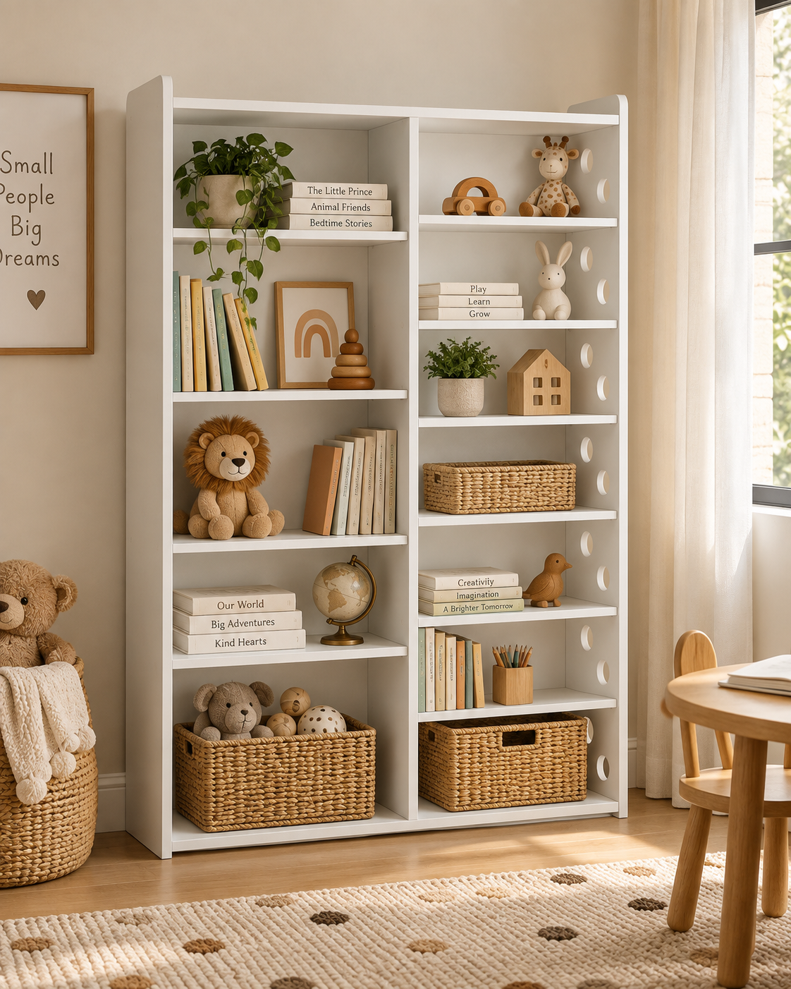 Tall white cyprus wood shelving unit handcrafted in Kenya, two columns of open shelves holding books, plants and woven baskets
