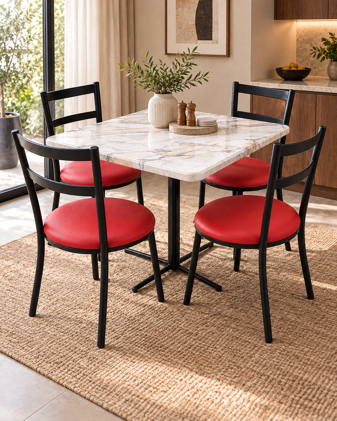 Square veined marble dining set from Kenya with a black metal pedestal and four black chairs with round red seats