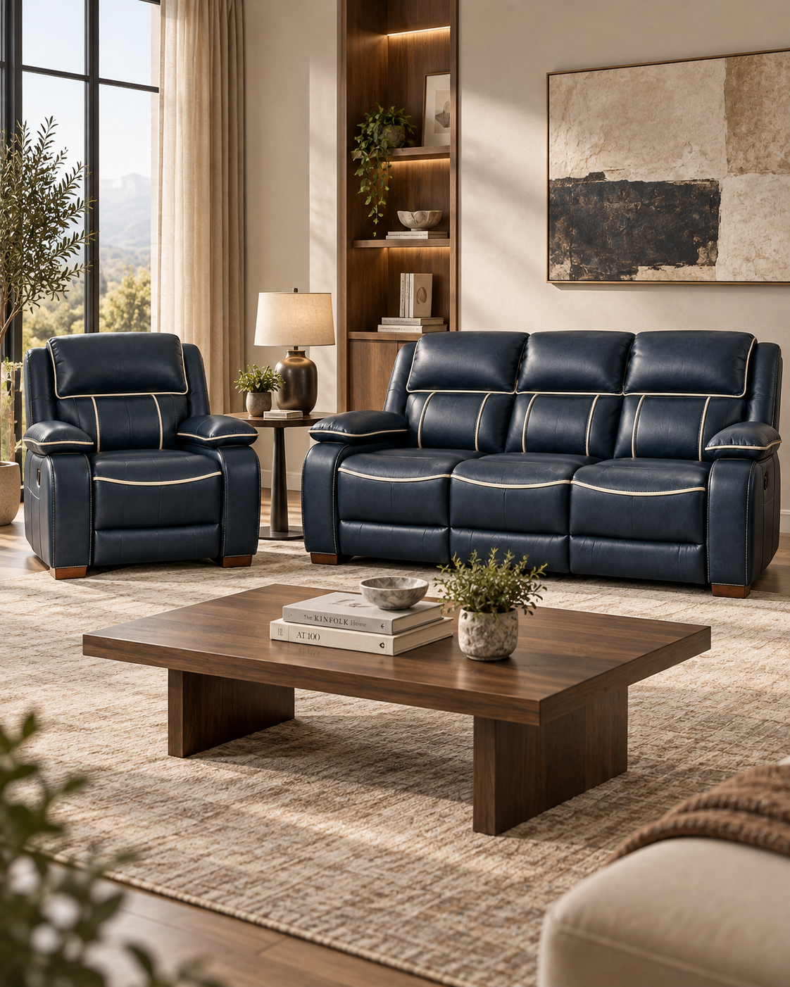 Navy three-seat sofa with cream piping and matching armchair, handcrafted in Kenya, in a bright living room