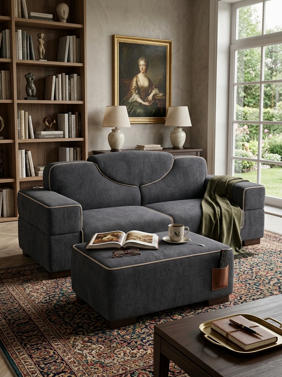 Charcoal grey two-seater sofa handcrafted in Kenya, with pale contrast piping, wide arms and a matching ottoman on a patterned rug