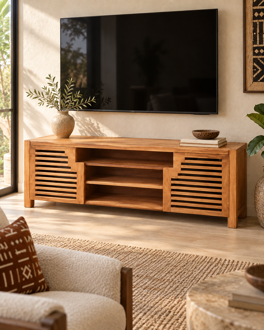 Long honey-toned wooden TV stand from Kenya with louvred side doors and open middle shelves, below a wall-mounted screen