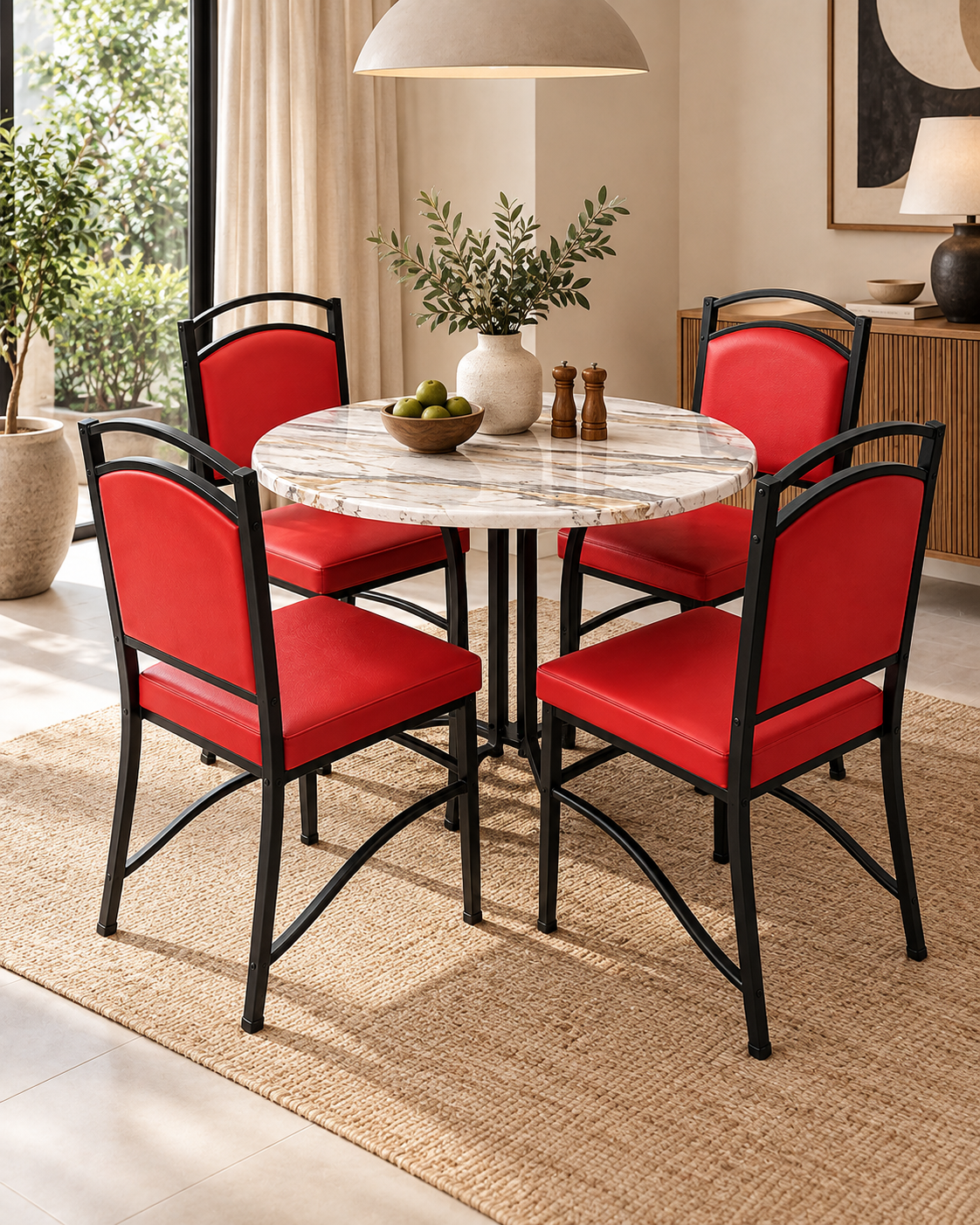 Round cream marble dining table on a black metal base with four red upholstered chairs, handmade in Kenya, on a jute rug
