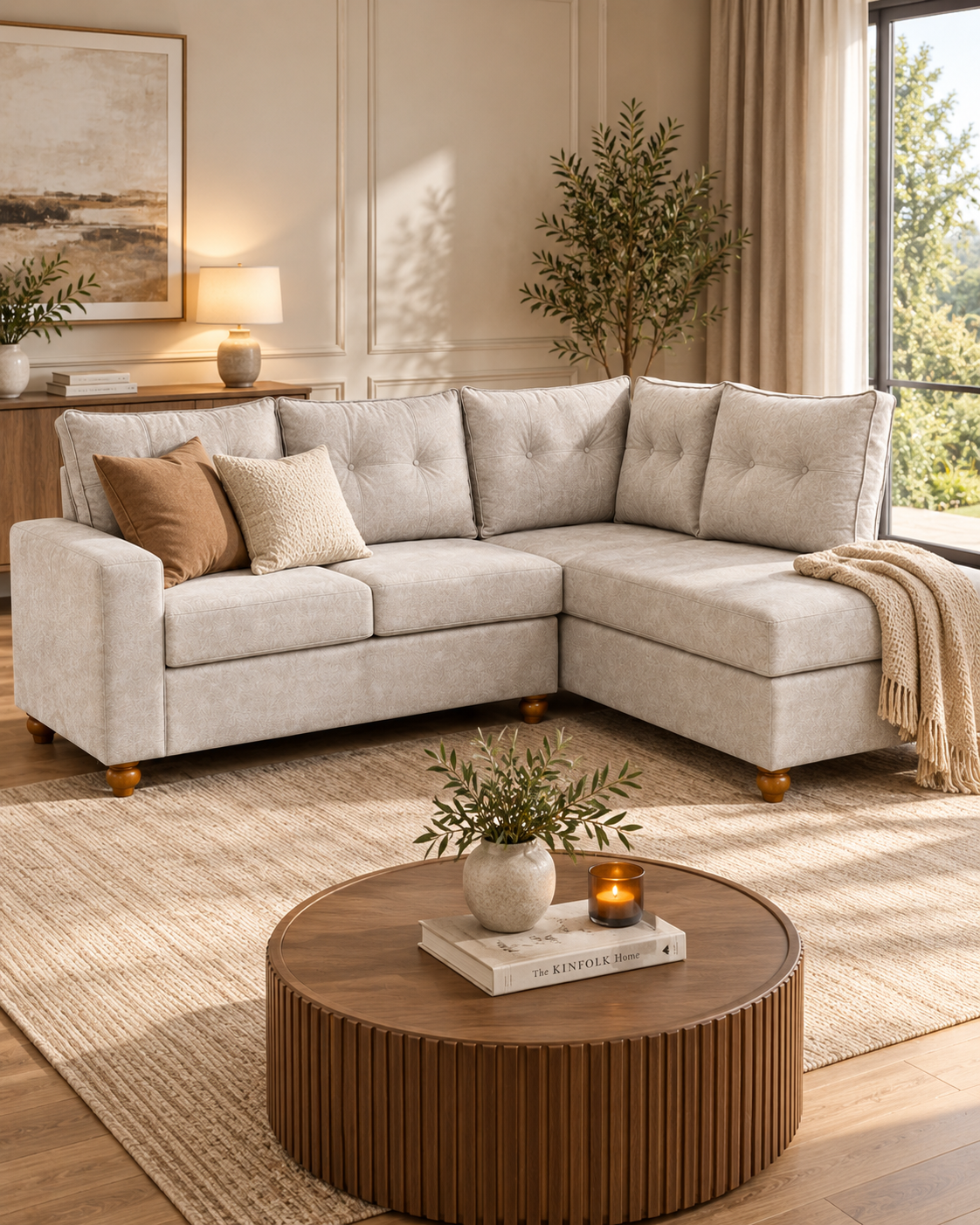Pale textured L-shaped sectional sofa handcrafted in Kenya, with buttoned back cushions and turned wood feet in a sunlit living room