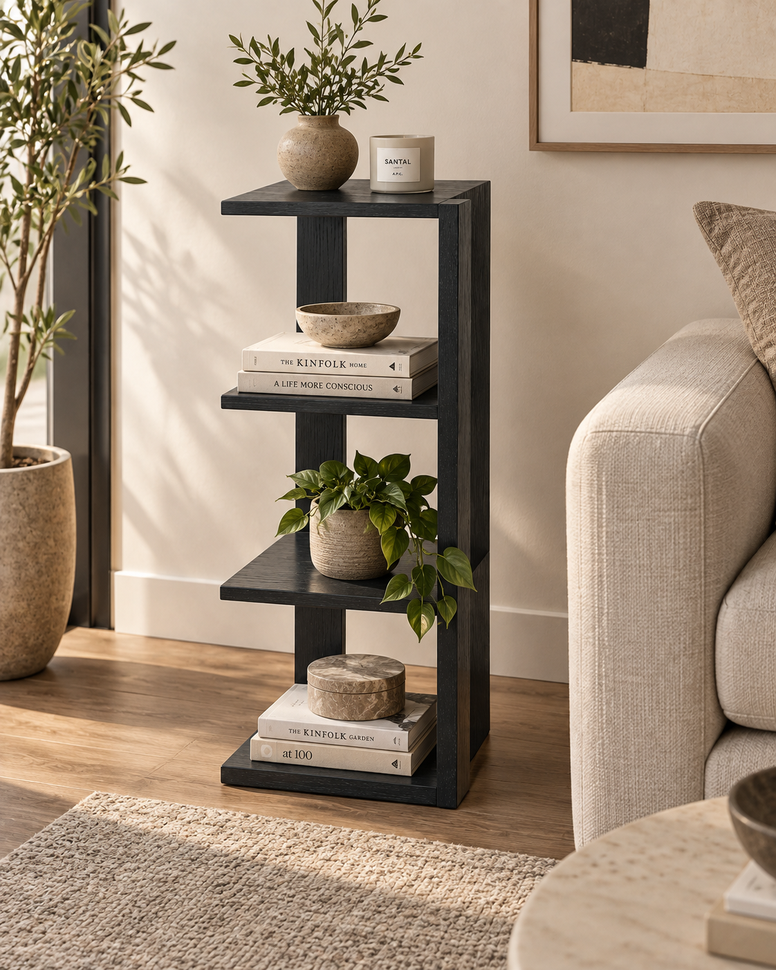 Slim black cypress shelf handcrafted in Kenya with four staggered tiers holding books, a stone bowl and potted plants