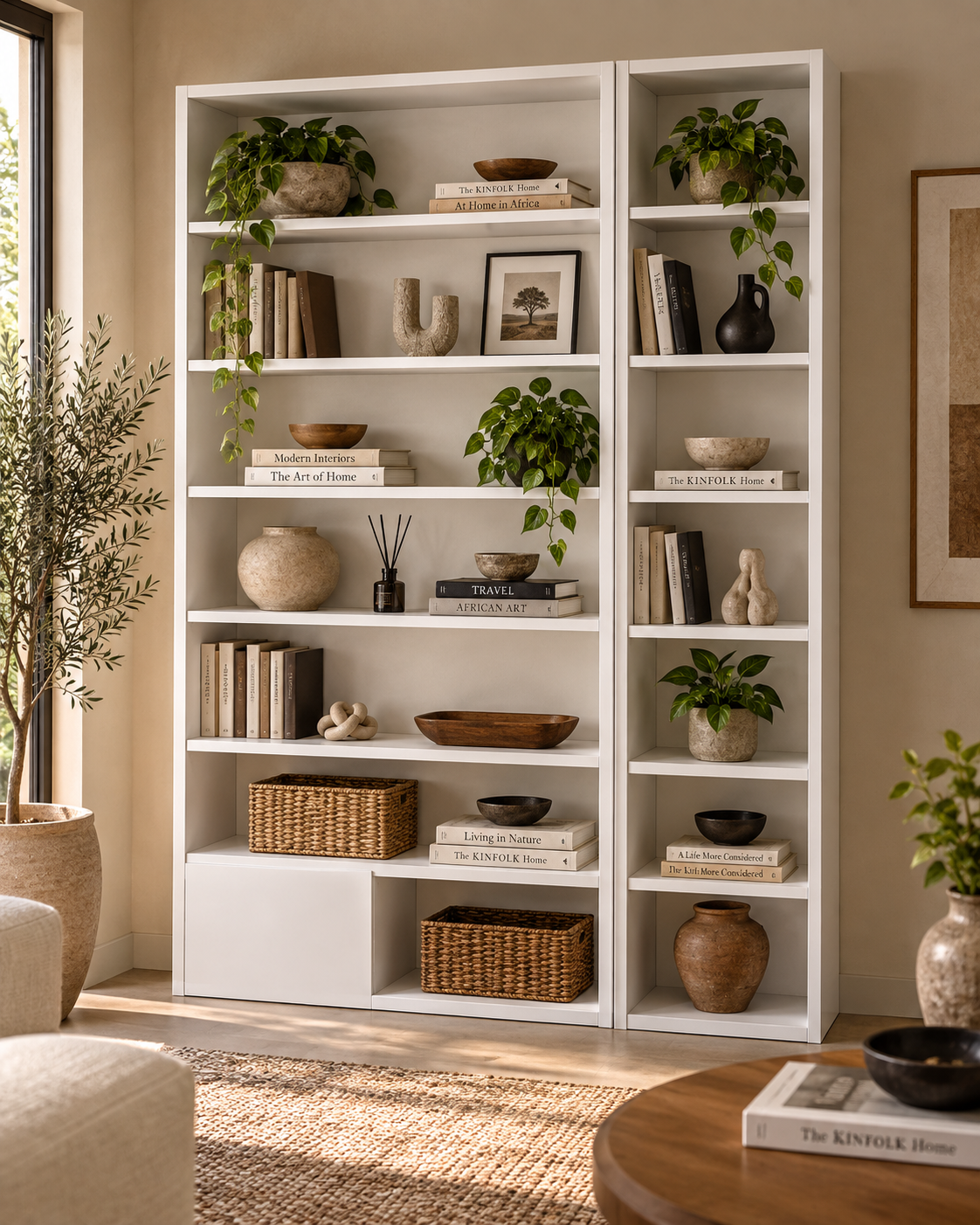 Tall white open shelving unit handcrafted in Kenya, styled with books, ceramic bowls, woven baskets and trailing plants