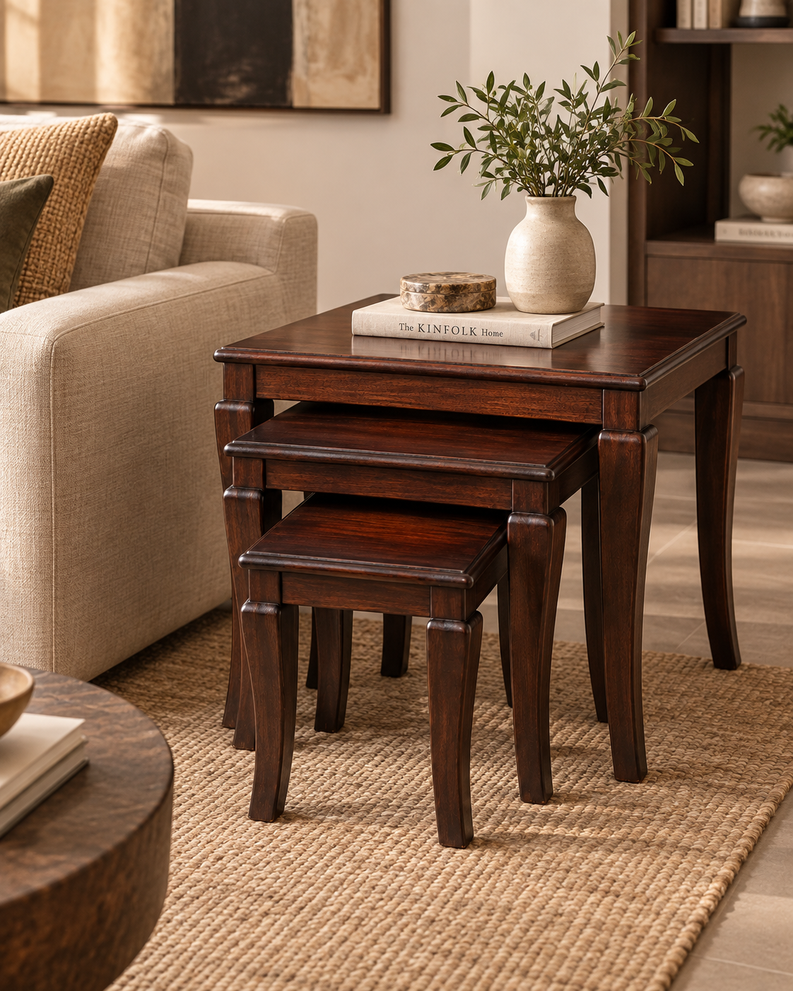 Set of three dark mahogany nesting side tables handcrafted in Kenya, stacked on a jute rug beside a cream sofa
