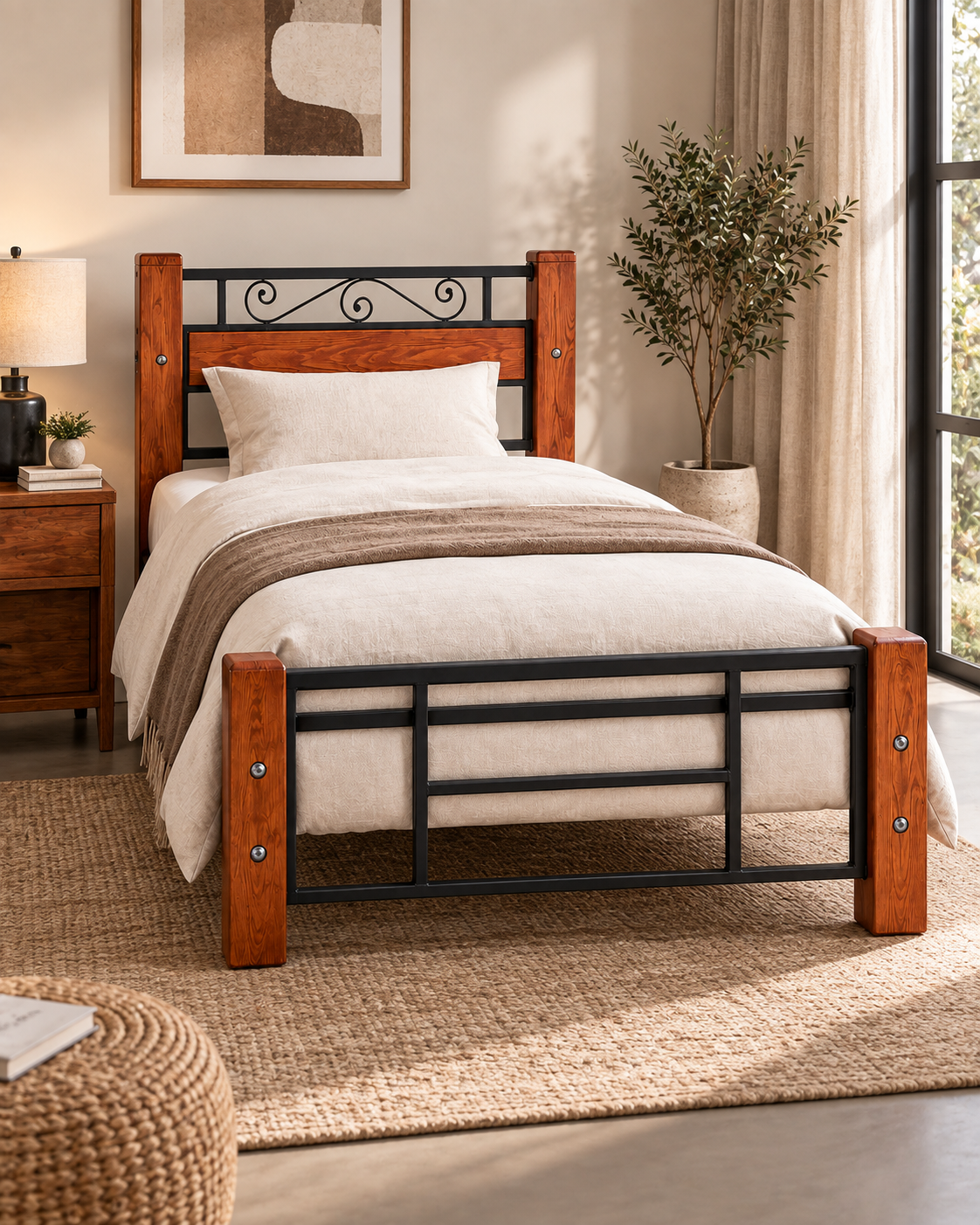 Black metal and cypress bed frame from Kenya with scrolled headboard, made up in cream bedding on a jute rug