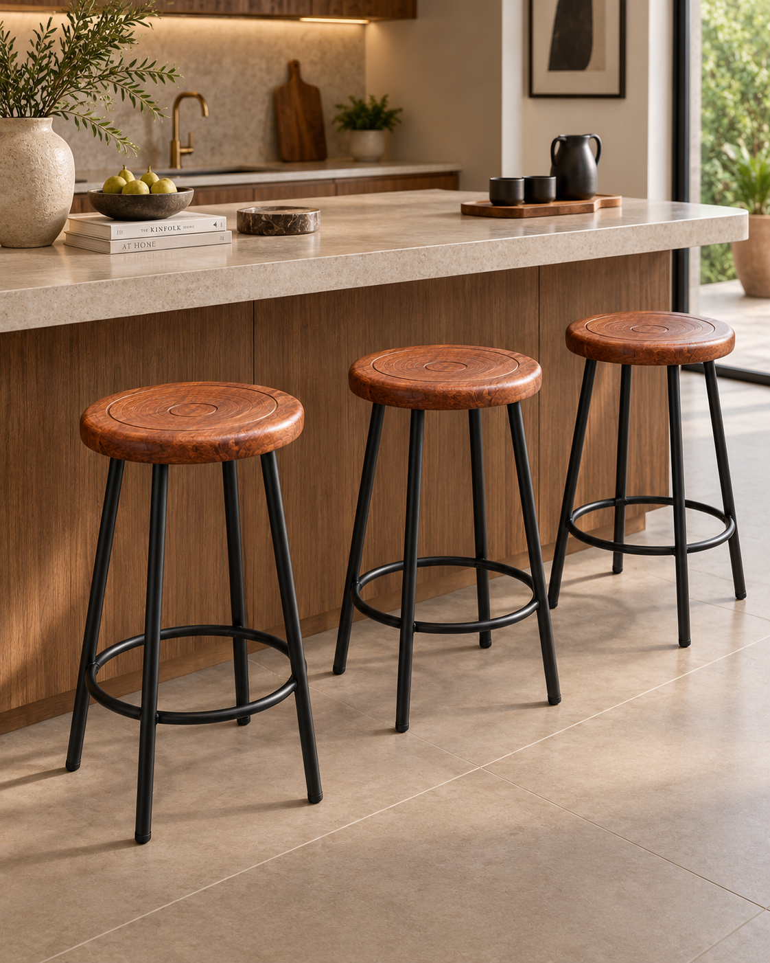 Three Kenyan bar stools with round turned cypress seats and black metal legs lined along a kitchen island