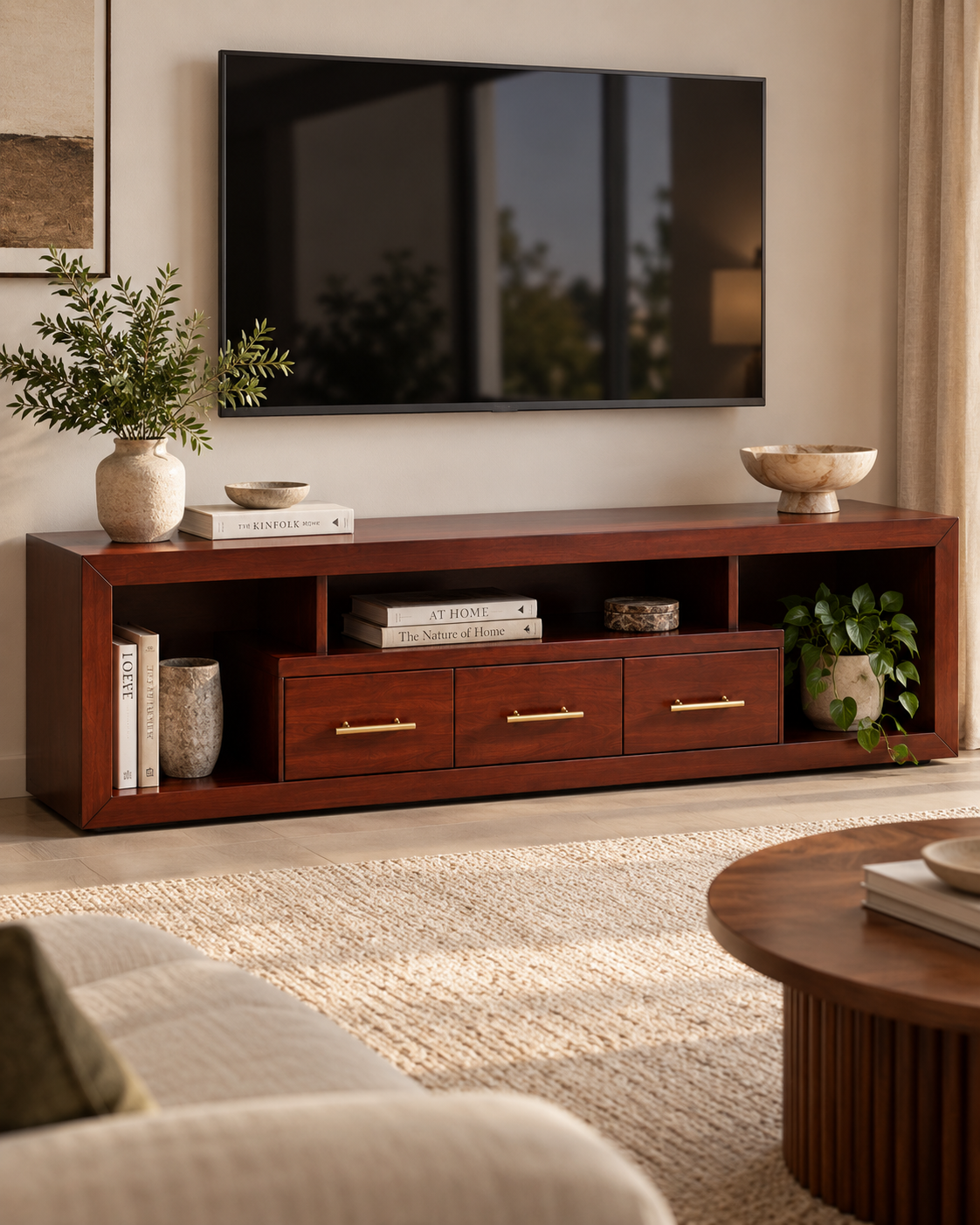 Long low reddish-brown media sideboard handcrafted in Kenya, with three brass-pull drawers and open book shelves