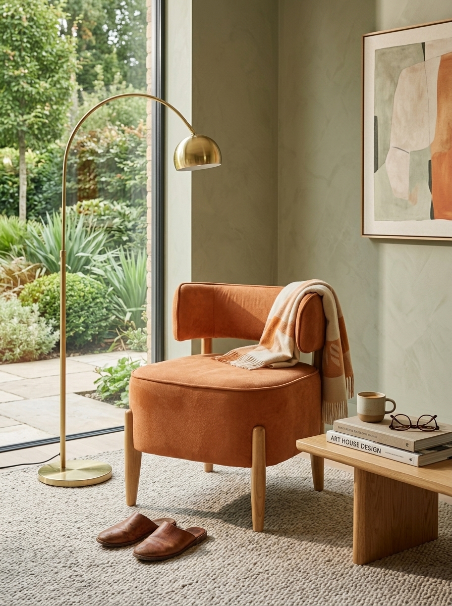 Burnt-orange upholstered accent chair from Kenya with curved back, rounded arms and pale wooden legs, beside a brass arc lamp