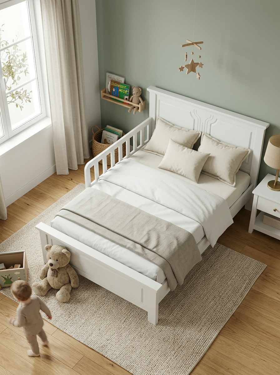 White children's bed frame handcrafted in Kenya, with panelled headboard, spindle side rail and pale linen, in a sage-green room